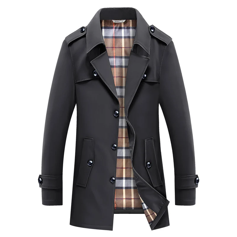 Herren Kurz-Trenchcoat im klassischen Stil mit karierter Innenfütterung, Schulterklappen und Pattentaschen Nord Taschen