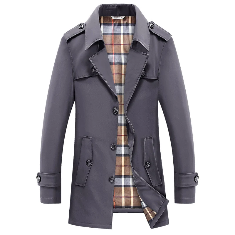 Herren Kurz-Trenchcoat im klassischen Stil mit karierter Innenfütterung, Schulterklappen und Pattentaschen Nord Taschen