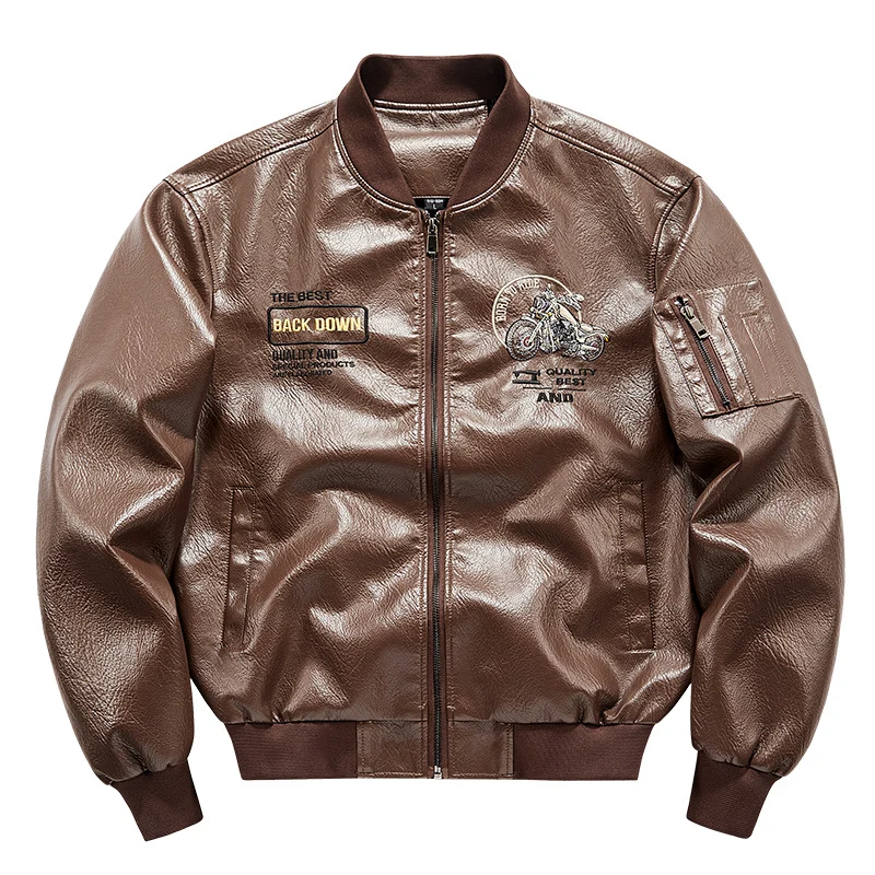 Herren Kunstleder‑Bomberjacke mit wärmender Fleece‑Innenfütterung, Motorrad‑Stickerei und Ärmeltasche Nord Taschen