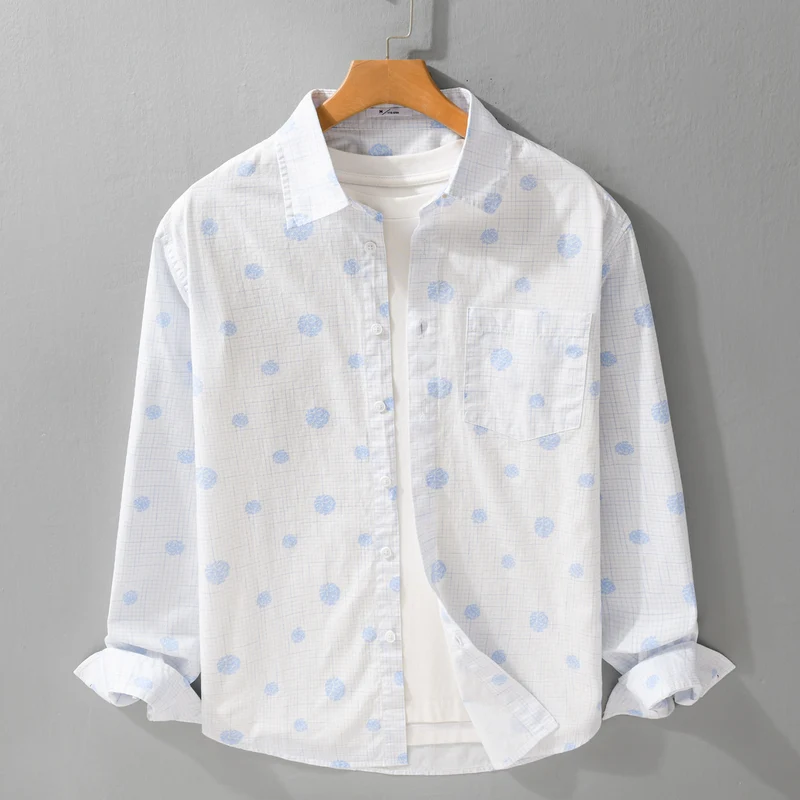 Herren leichtes Langarm-Overshirt im Hemdjacken-Stil mit feinem Karodessin und floralem Allover Nord Taschen