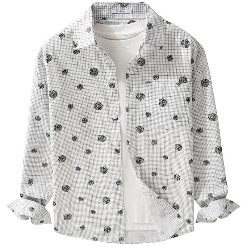 Herren leichtes Langarm-Overshirt im Hemdjacken-Stil mit feinem Karodessin und floralem Allover Nord Taschen