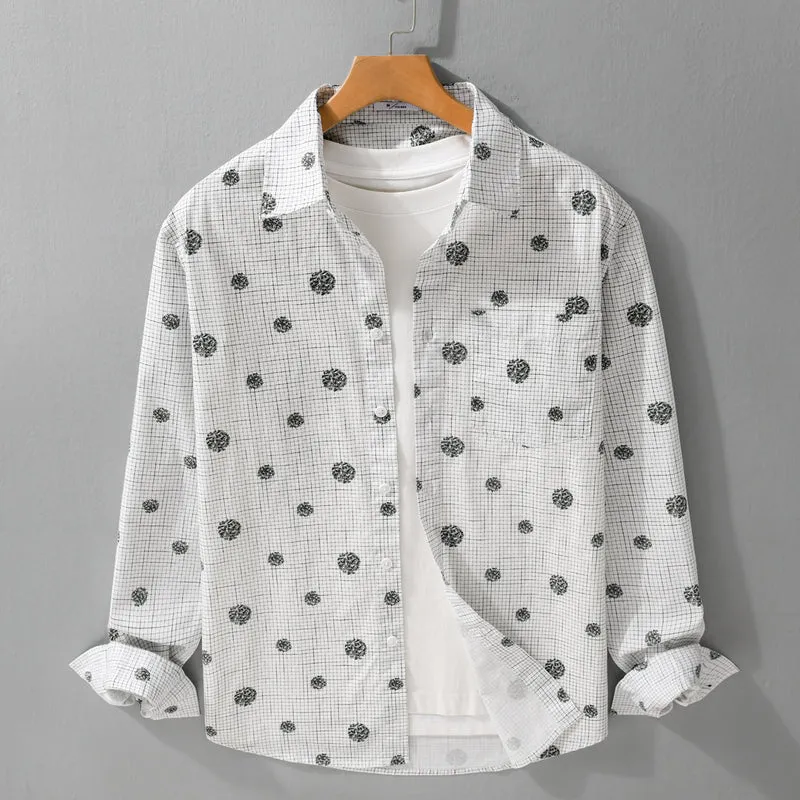 Herren leichtes Langarm-Overshirt im Hemdjacken-Stil mit feinem Karodessin und floralem Allover Nord Taschen