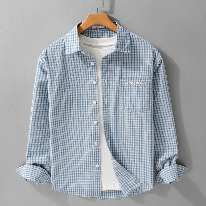 Herren Overshirt-Hemd im feinen Vichy-Karo aus weichem Baumwoll-Twill mit aufgesetzter Brusttasche Nord Taschen