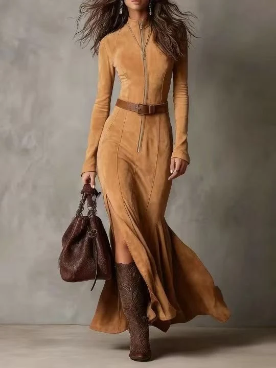 Damen Figurbetontes Midikleid aus Velourslederimitat mit Stehkragen und Zentralem Reißverschluss Nord Taschen