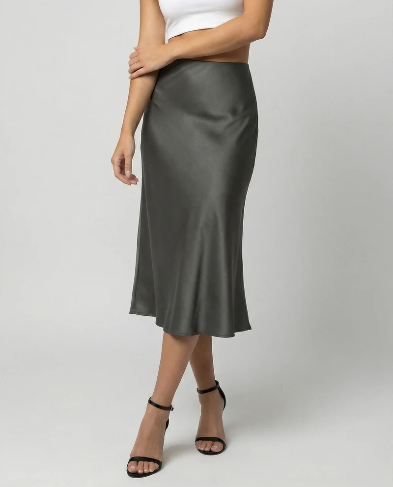 Damen eleganter Satin-Midirock mit fließendem Schnitt und hohem Bund - Arvani