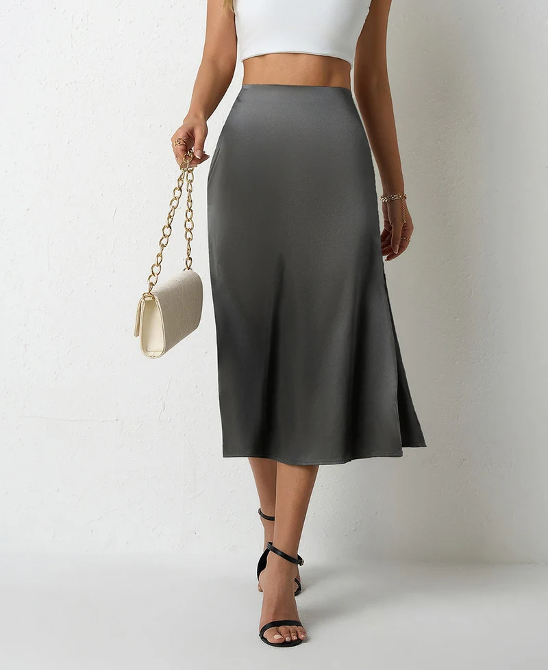 Damen eleganter Satin-Midirock mit fließendem Schnitt und hohem Bund - Arvani