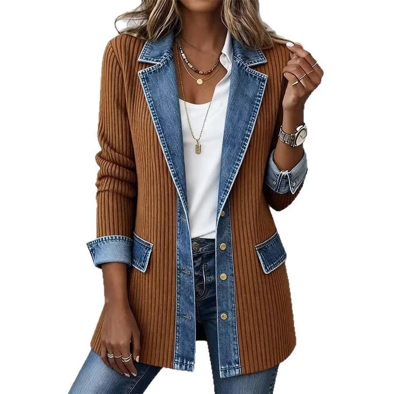 Damen Longline-Strickcardigan mit Jeanskragen und Saumbesatz Nord Taschen
