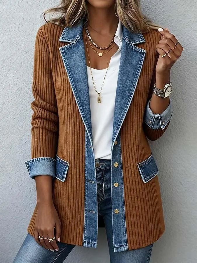 Damen Longline-Strickcardigan mit Jeanskragen und Saumbesatz Nord Taschen