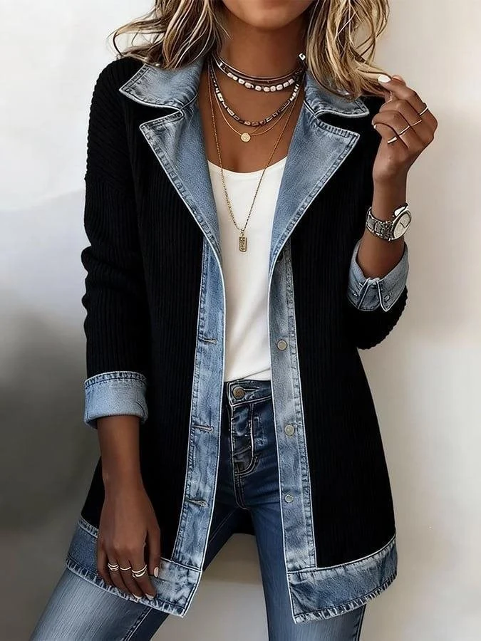 Damen Longline-Strickcardigan mit Jeanskragen und Saumbesatz Nord Taschen