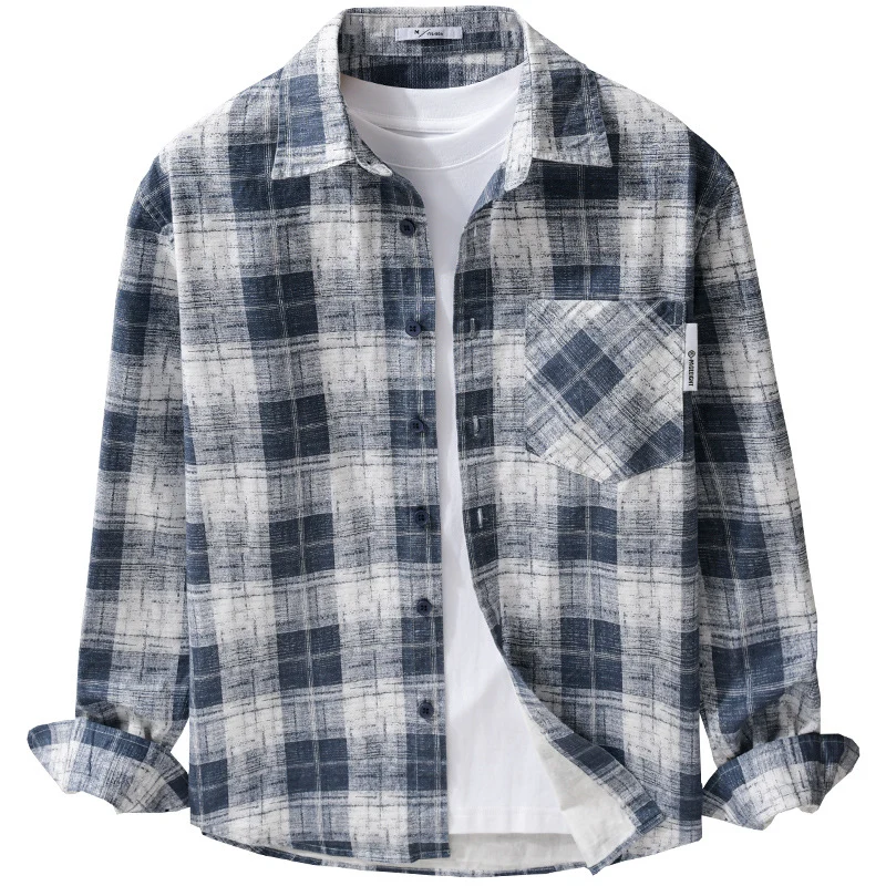 Herren Leichtes kariertes Layering-Overshirt aus Baumwoll‑Leinenmix mit diagonalem Brustpatch Nord Taschen