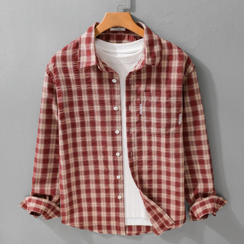 Herren Leichtes kariertes Baumwoll-Overshirt mit Soft-Crinkle‑Struktur, Brusttasche und Relaxed‑Fit Nord Taschen