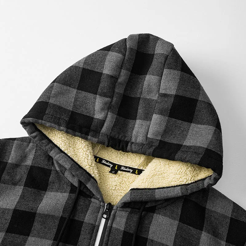 Herren Kariierte Sherpa-gefütterte Kapuzenjacke mit Reißverschluss und Rippbündchen Nord Taschen