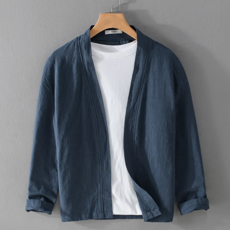 Herren Offene Leinen-Overjacket mit Kimono-Kragen und Relaxed-Fit Nord Taschen