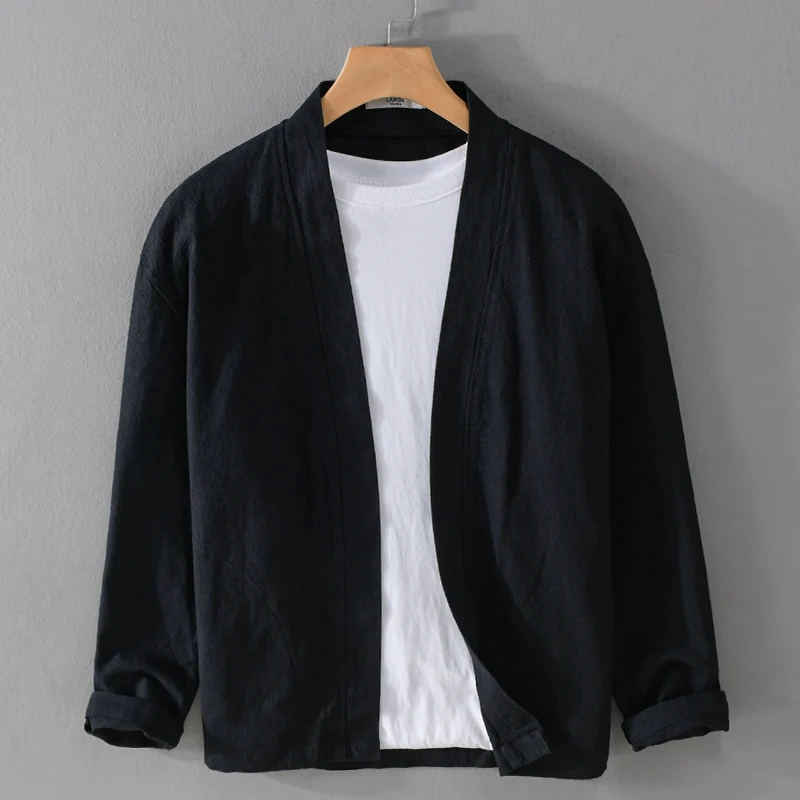 Herren Offene Leinen-Overjacket mit Kimono-Kragen und Relaxed-Fit Nord Taschen