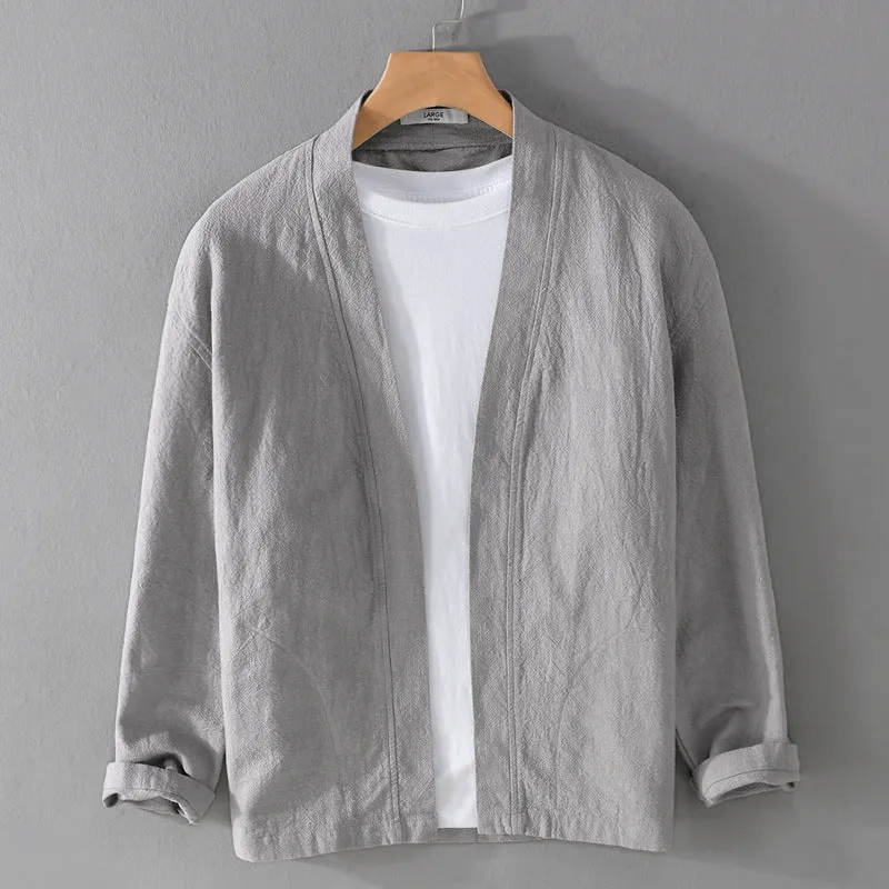 Herren Offene Leinen-Overjacket mit Kimono-Kragen und Relaxed-Fit Nord Taschen