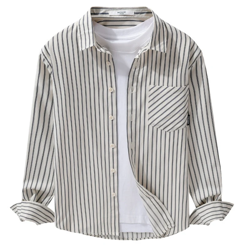 Herren Nadelstreifen-Langarm-Hemdjacke im Overshirt‑Stil aus leichtem Baumwollmix mit diagonaler Brusttasche Nord Taschen