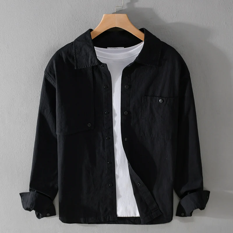 Herren Minimalistisches Baumwoll-Utility-Overshirt mit Druckknopf-Leiste und Brusttaschen Nord Taschen