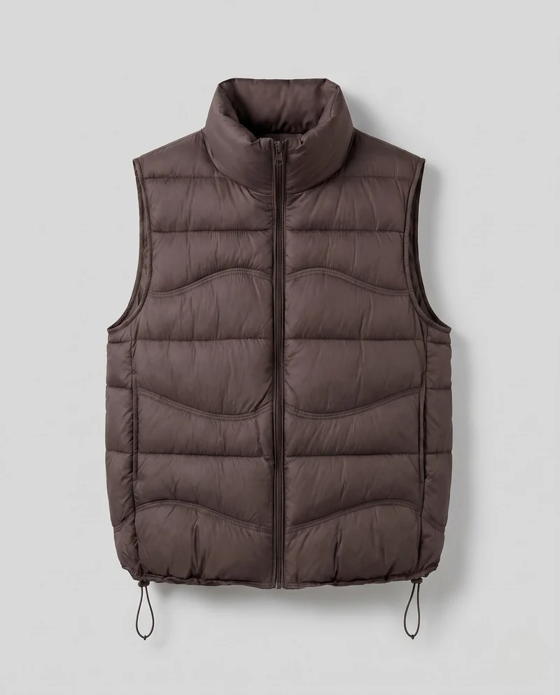 Damen ärmellose thermo gesteppte Weste mit ergonomischer Wellensteppung, hohem Kragen und verstellbarem Kordelzugsaum