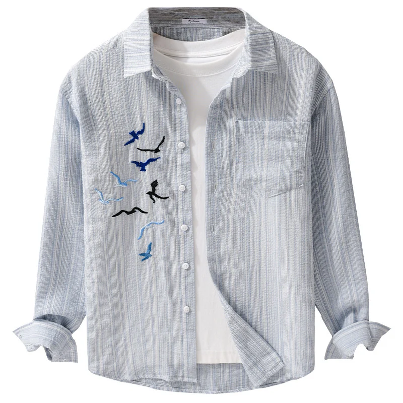 Herren Leichtes gestreiftes Overshirt aus Leinen-Baumwollmix mit Vogelstickerei Nord Taschen