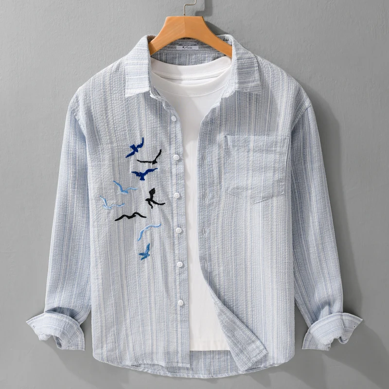 Herren Leichtes gestreiftes Overshirt aus Leinen-Baumwollmix mit Vogelstickerei Nord Taschen