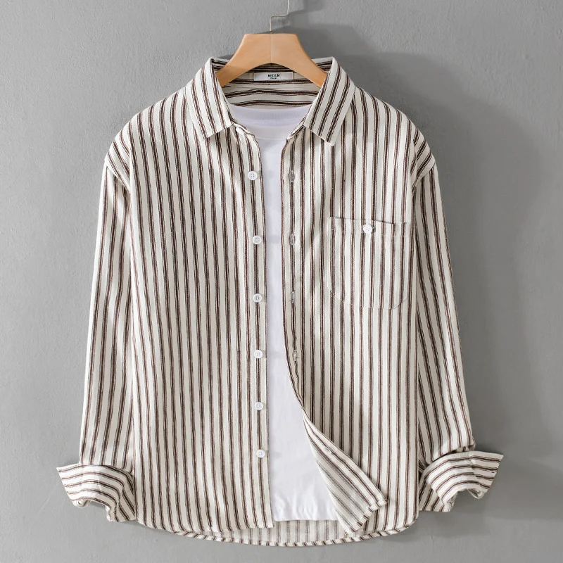Herren Leichtes gestreiftes Layering-Overshirt aus Leinen-Baumwollmix mit Brusttasche und abgerundetem Saum Nord Taschen