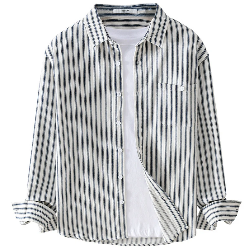 Herren Leichtes gestreiftes Layering-Overshirt aus Leinen-Baumwollmix mit Brusttasche und abgerundetem Saum Nord Taschen