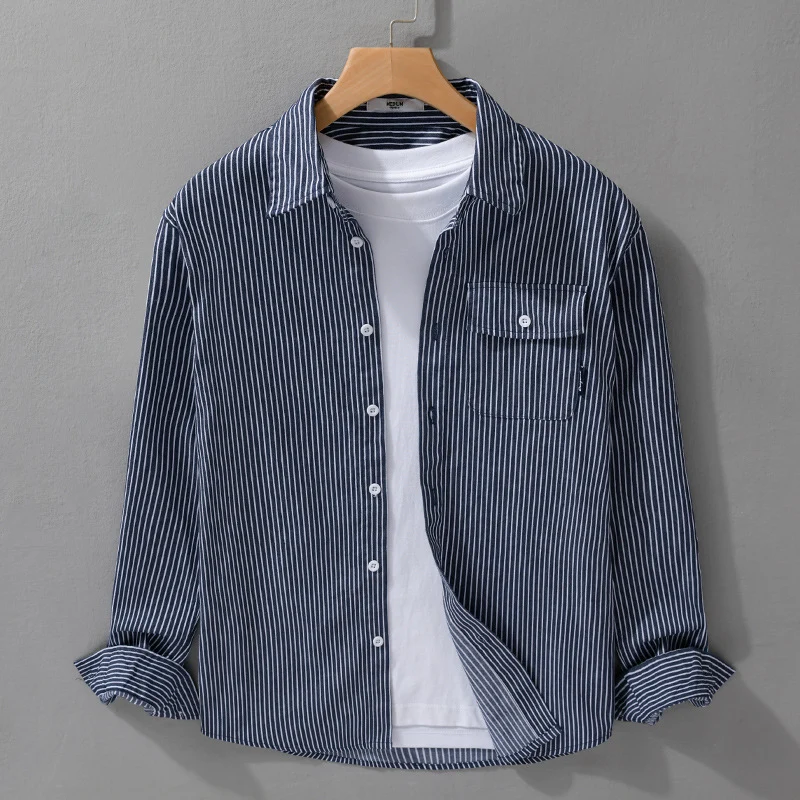 Herren Leichtes gestreiftes Hemdjacken-Overshirt aus Baumwoll-Leinenmix mit Brusttasche Nord Taschen
