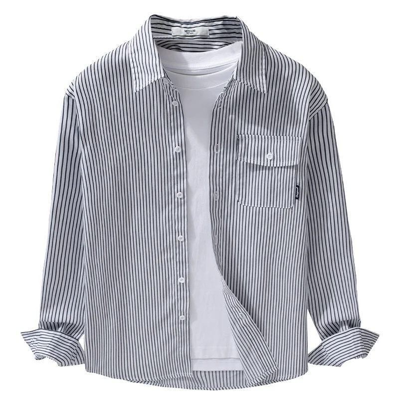 Herren Leichtes gestreiftes Hemdjacken-Overshirt aus Baumwoll-Leinenmix mit Brusttasche Nord Taschen