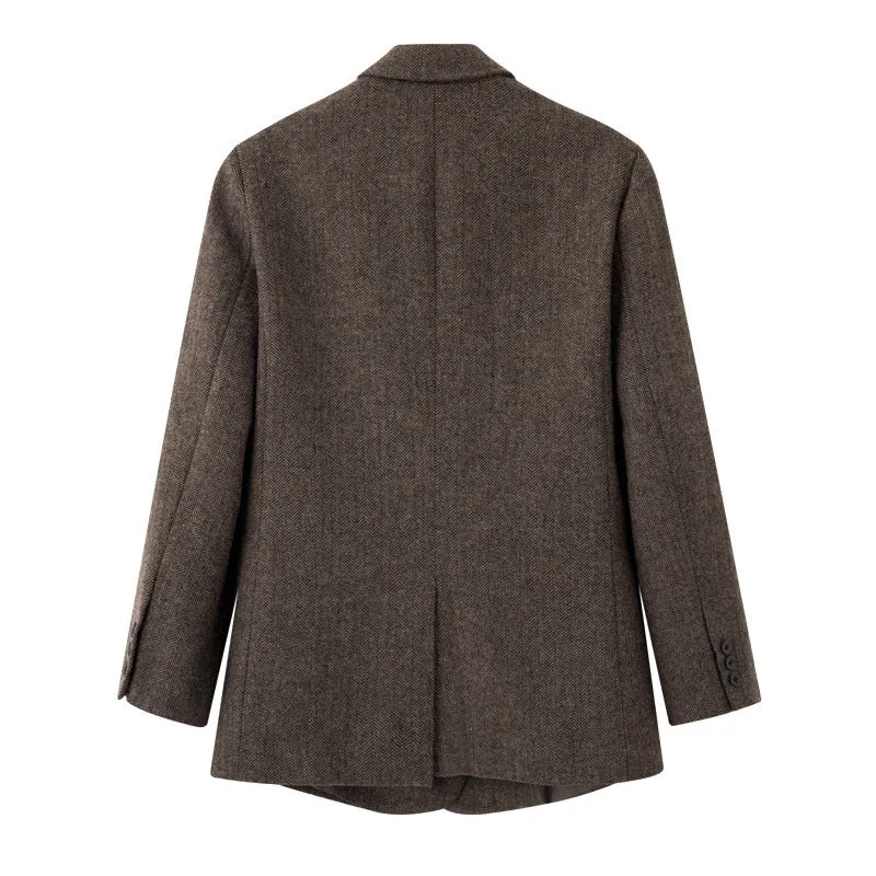 Damen Zweireihiger Wollmix-Blazer im Fischgrätmuster mit Pattentaschen Nord Taschen