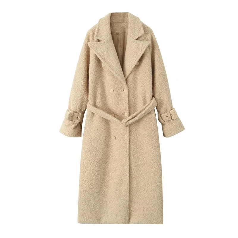 Damen Zweireihiger Teddy‑Mantel mit Bindegürtel und Schnallenärmeln Nord Taschen