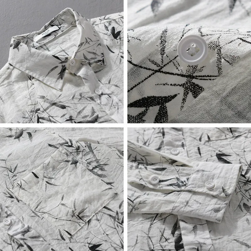 Herren Atmungsaktives Leinen-Baumwoll Hemd mit botanischem Tuschprint und Kentkragen Nord Taschen