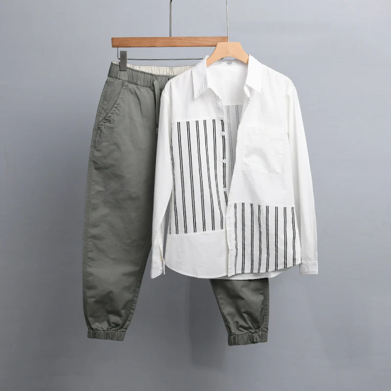 Damen Zweiteiliges Loungewear-Set mit Oversize-Hemd im Streifenpatch und elastischer Bund-Jogger Nord Taschen