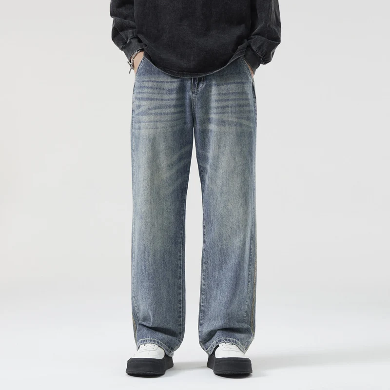 Herren Weite Vintage-Denimjeans mit Used-Waschung und geradem Bein Nord Taschen