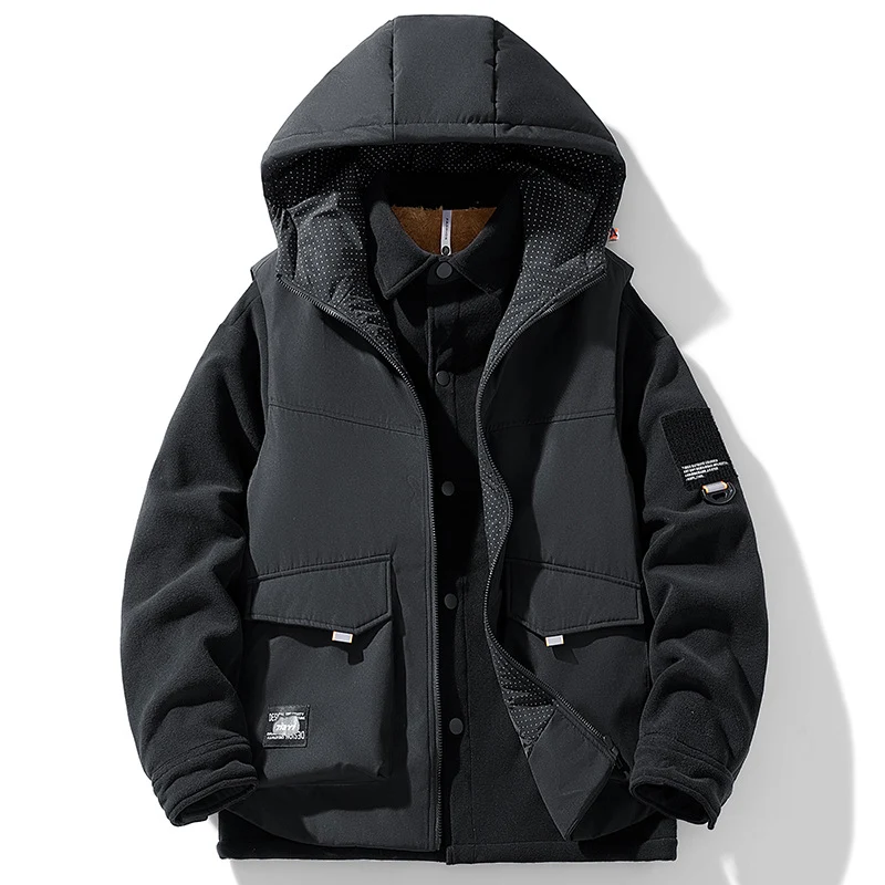 Herren Hybrid-Steppjacke mit Kapuze und Fleece-Ärmeln, Utility-Parka Nord Taschen
