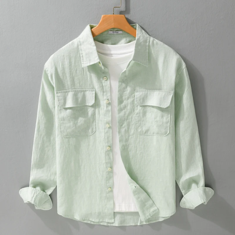 Herren Lockeres Leinen-Overshirt mit Brusttaschen und Knopfleiste Nord Taschen