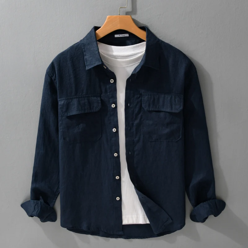 Herren Lockeres Leinen-Overshirt mit Brusttaschen und Knopfleiste Nord Taschen