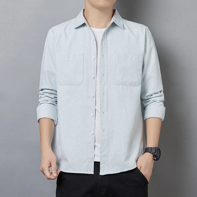 Herren Gestreiftes Langarmhemd aus Baumwollmischung mit Brusttaschen und legerem Schnitt Nord Taschen