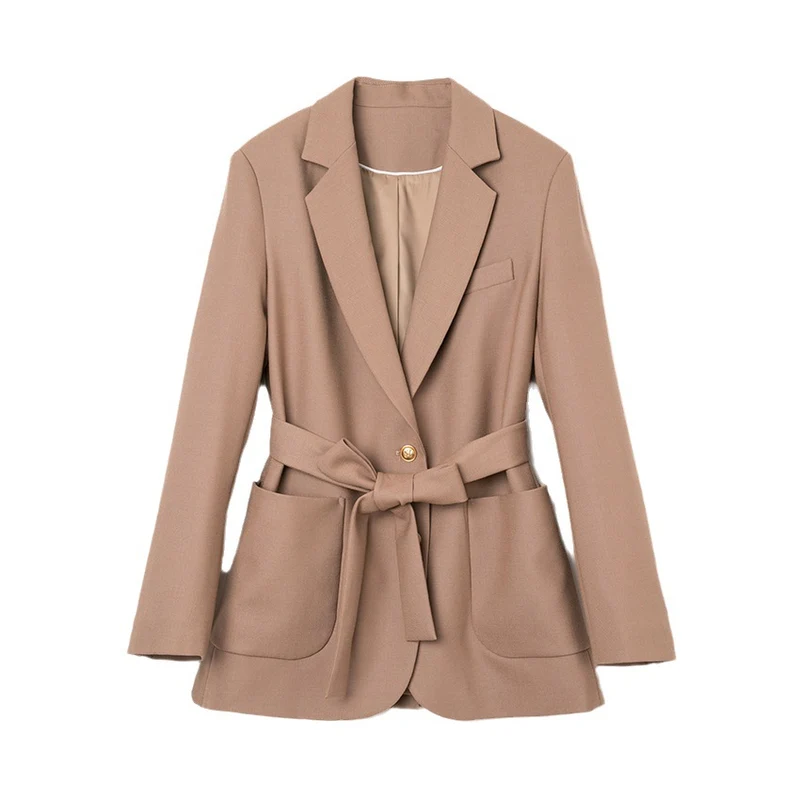 Damen Taillierter Mantelblazer mit Bindegürtel, Pattentaschen und Reverskragen Nord Taschen