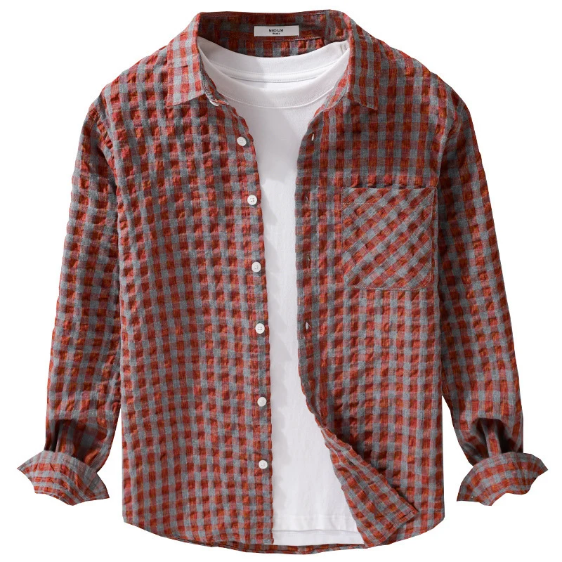 Herren Leichtes Crinkle-Karo-Overshirt aus Baumwollmix mit aufgesetzter Brusttasche Nord Taschen