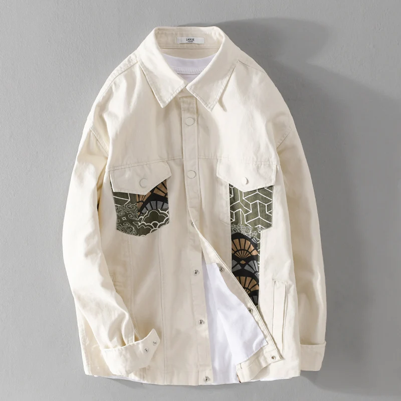 Herren Leichtes Canvas-Overshirt im Worker‑Stil mit japanischem Musterpatch und Druckknopfleiste Nord Taschen
