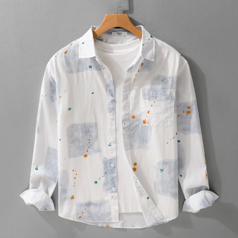 Herren Leichtes Baumwollhemd Relaxed‑Fit mit künstlerischem Sprenkel‑ und Aquarellpatch-Print Nord Taschen