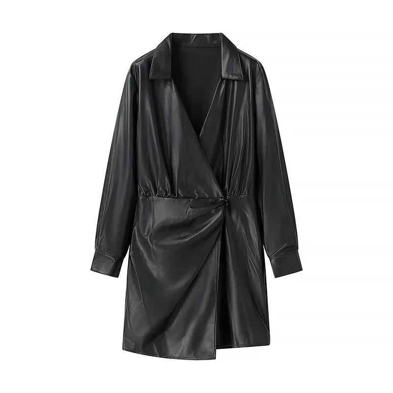 Damen Wickel-Kunstleder-Minikleid mit Hemdkragen, geraffter Taillenpartie und Manschetten Nord Taschen