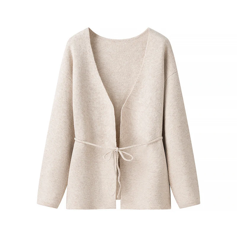 Damen Wickel-Cardigan aus grob gestricktem Wollmix mit V‑Ausschnitt und Ballonärmeln Nord Taschen