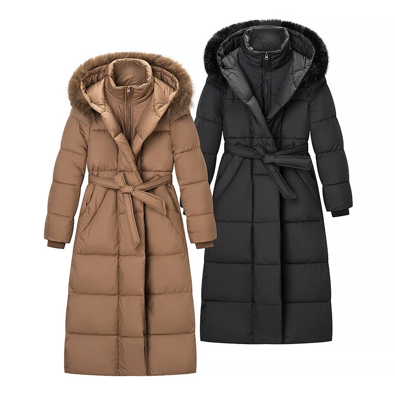 Damen Wattierter Longline-Mantel mit Kapuze und Taillengürtel Nord Taschen