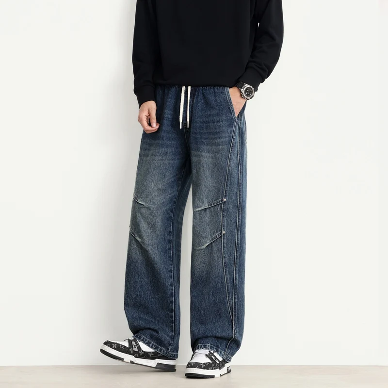 Herren Weite Denim-Hose mit Tunnelzugbund, Paneelnähten und Used-Waschung Nord Taschen