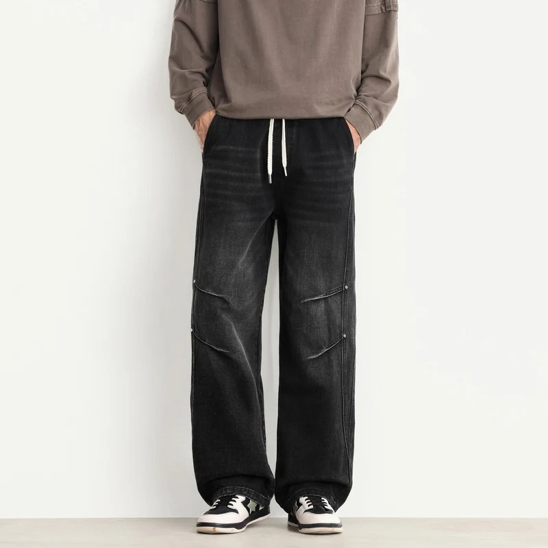 Herren Weite Denim-Hose mit Tunnelzugbund, Paneelnähten und Used-Waschung Nord Taschen