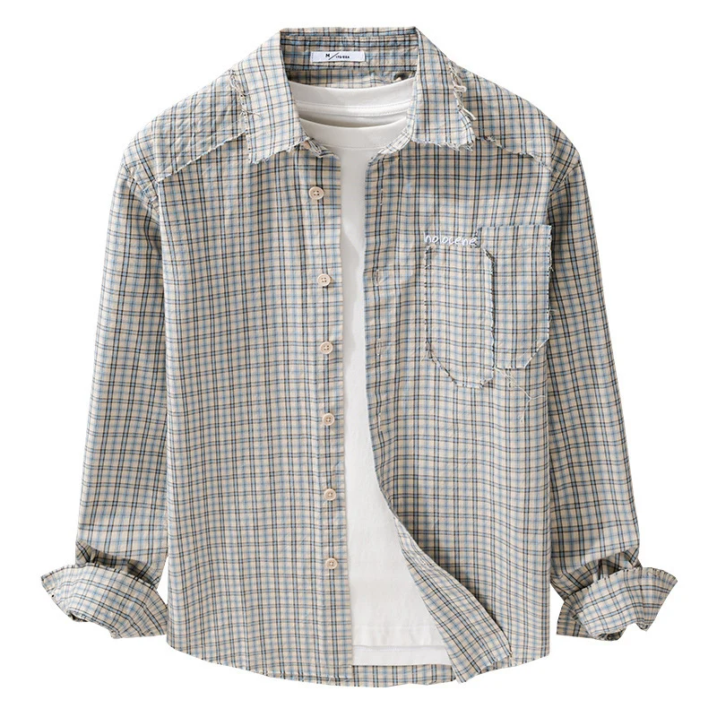 Herren Karo-Overshirt mit fransigem Saum, Brusttasche und Relaxed-Fit Nord Taschen