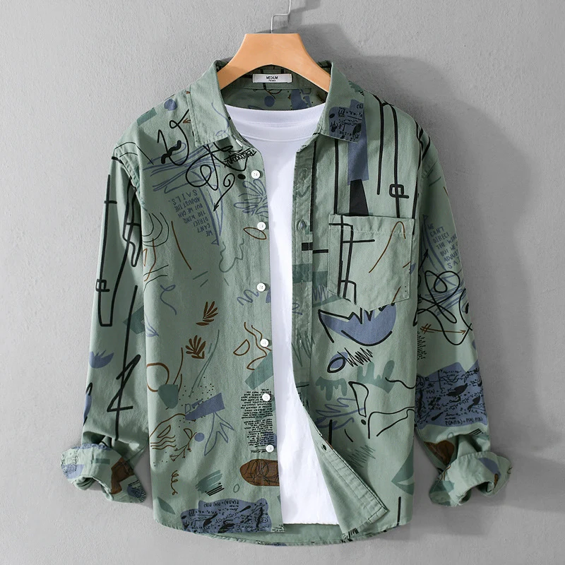 Herren Lockeres Hemdjacken-Overshirt mit abstraktem Skizzenprint, Brusttasche und weichem Baumwollgriff Nord Taschen