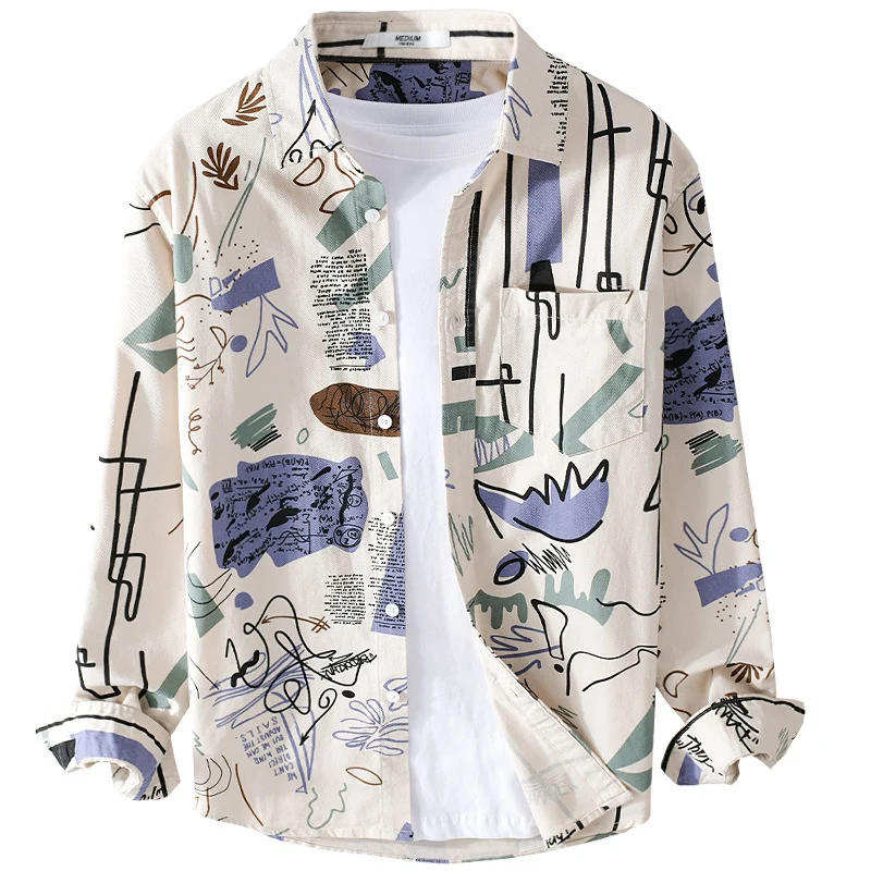 Herren Lockeres Hemdjacken-Overshirt mit abstraktem Skizzenprint, Brusttasche und weichem Baumwollgriff Nord Taschen
