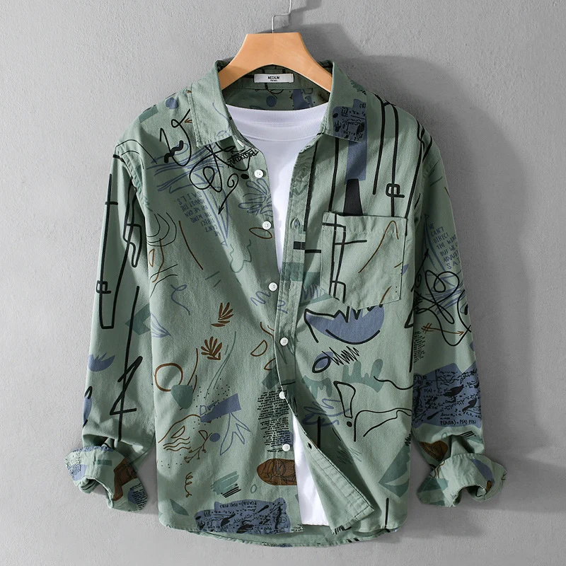 Herren Lockeres Hemdjacken-Overshirt mit abstraktem Skizzenprint, Brusttasche und weichem Baumwollgriff Nord Taschen